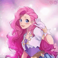 a girl with long pink hair and blue eyes is wearing a purple dress and gloves .