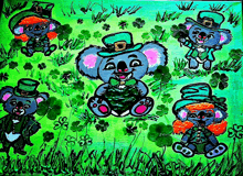 a drawing of koalas wearing leprechaun hats surrounded by shamrocks