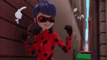 a ladybug cartoon character with a white rabbit flying in the background