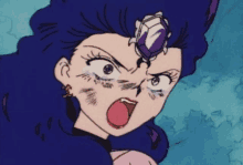 a cartoon character with blue hair and a purple ring on her head