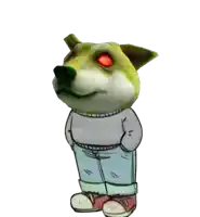 a cartoon dog with red eyes is wearing a sweater and pants