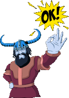 a cartoon viking giving an ok sign with a yellow ok sign behind him