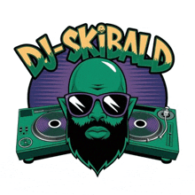 a cartoon illustration of a man with a beard and sunglasses standing next to a turntable and the words dj-skibald