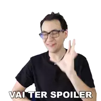 a man wearing glasses and a black shirt with vai ter spoiler written on the bottom