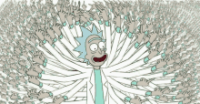 a cartoon of rick and morty surrounded by a bunch of fingers .