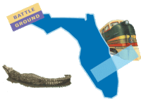 a map of florida shows a train and a crocodile and says battle ground