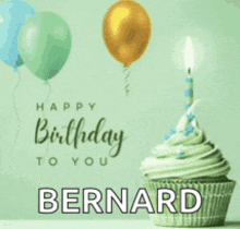 a birthday card for bernard with a cupcake and balloons .