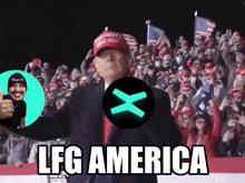 a man wearing a maga hat stands in front of a crowd with the caption lfg america