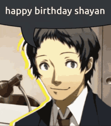 a picture of a man in a suit and tie with a speech bubble that says happy birthday shayan