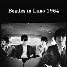 a black and white photo of the beatles in a limousine from 1964