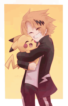 a drawing of a boy hugging a pikachu with a yellow background