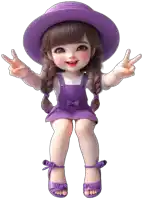 a doll wearing a purple hat and overalls gives a peace sign