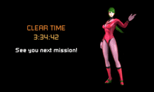 a video game screen shows a female character and says clear time and see you next mission