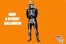 a man dressed as a skeleton is standing in front of an orange background .