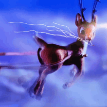 a painting of a reindeer in a sleigh flying through the air