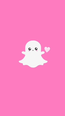 a snapchat ghost is holding a heart on a pink background .