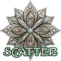 a logo for a company called scatter with a flower with diamonds on it