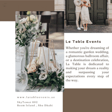 an advertisement for la table events shows a bride and groom standing in front of a green door