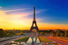 a view of the eiffel tower at sunset in paris france