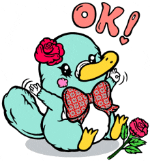 a cartoon duck with a bow tie and a rose on its head says " ok "