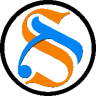 a blue and orange letter s is in a black circle