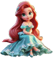 a doll with red hair is wearing a blue dress with the letters a.c. below it