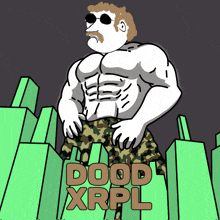 a cartoon of a man with a mustache standing in front of green buildings with the words dood xrpl on the bottom