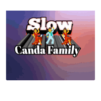 a logo for the slow canda family with a man and two women dancing