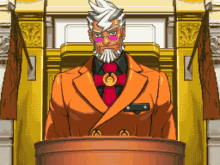 a pixel art of a man in an orange suit and tie giving a speech