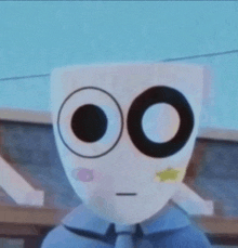 a close up of a cartoon character 's face with circles on it 's eyes .