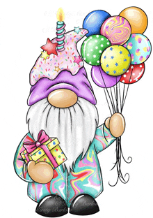 a birthday gnome is holding balloons and a present