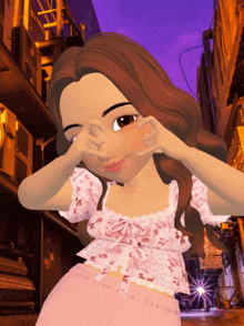 a cartoon girl covering her eyes with her hands in front of an alleyway