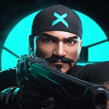 a man with a beard and mustache is holding a gun and wearing a beanie with an x on it