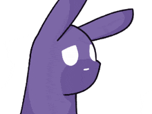 a purple rabbit with white eyes is standing on a white surface