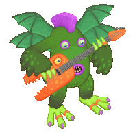 a green monster with wings is holding a guitar