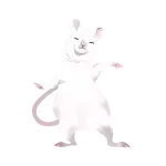 a white cartoon rat is standing on its hind legs with its arms outstretched and smiling .