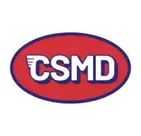 a red and blue logo for csmd with a white outline