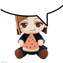 a stuffed doll holding a slice of watermelon with a speech bubble above it