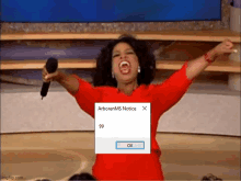 oprah winfrey is holding a microphone in front of a screen that says arborems notice