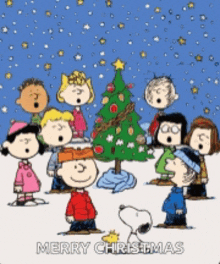 a group of peanuts characters singing christmas carols in front of a christmas tree