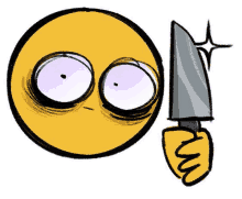 a yellow smiley face with purple eyes is holding a knife in its hand .