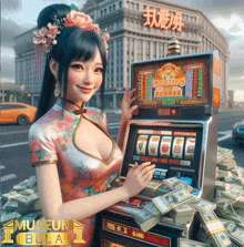 a woman in a cheongsam is playing a slot machine that says casino on it