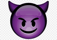 a purple devil emoji with horns and a smile .