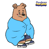 a cartoon of a bear wrapped in a blue blanket with a thermometer in its mouth