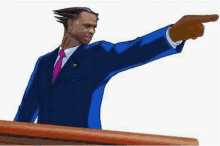 a cartoon of a man in a suit and tie pointing .