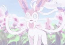 a pink and white pokemon with long ears is standing in a field of flowers .