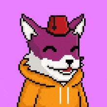 a pixel art of a cat wearing an orange hoodie and a red hat .