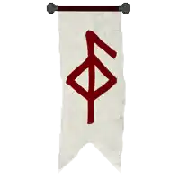 a white banner with a red symbol on it that looks like a cross