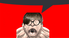 a drawing of a man with glasses screaming with a red background