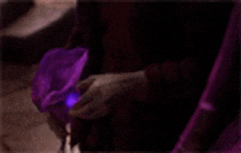 a person is holding a purple flower with a blue light inside of it .